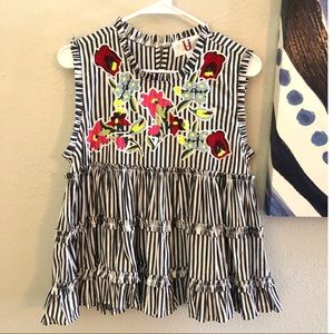 Embroidered ruffled tiered striped tank